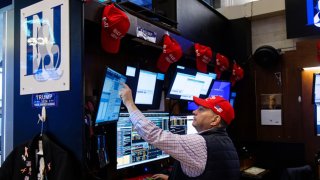 A trader wearing a Trump hat works on the floor of the New York Stock Exchange (NYSE) in New York, US, on Wednesday, Nov. 6, 2024.