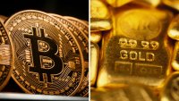 Bitcoin digital currency and gold bullion.