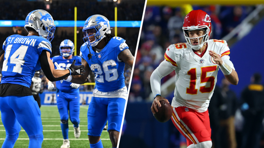 Split image of Amon-Ra St. Brown, Jahmyr Gibbs and Patrick Mahomes