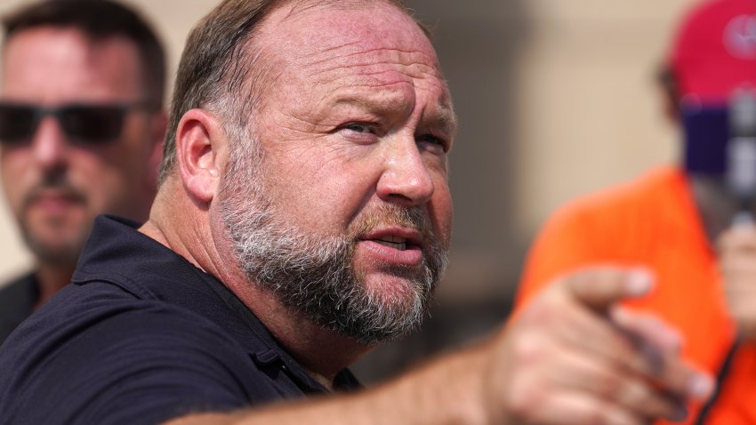 WATERBURY, CONNECTICUT – SEPTEMBER 21: InfoWars founder Alex Jones speaks to the media outside Waterbury Superior Court during his trial on September 21, 2022 in Waterbury, Connecticut. Jones is being sued by several victims’ families for causing emotional and psychological harm after they lost their children in the Sandy Hook massacre. A Texas jury last month ordered Jones to pay $49.3 million to the parents of 6-year-old Jesse Lewis, one of 26 students and teachers killed in the shooting in Newtown, Connecticut.