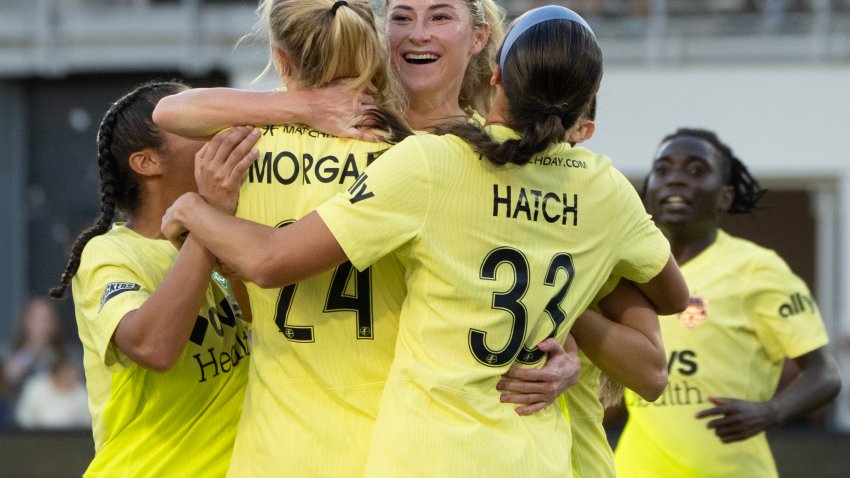 WASHINGTON, DC – OCTOBER 20: Washington Spirit midfielder Heather Stainbrook (22) (facing camera) celebrates with teammates after scoring a goal during a NWSL game between the Washington Spirit and the Chicago Red Stars on October 20, 2024, at Audi Field, in Washington, DC. (Photo by Tony Quinn/Icon Sportswire via Getty Images)