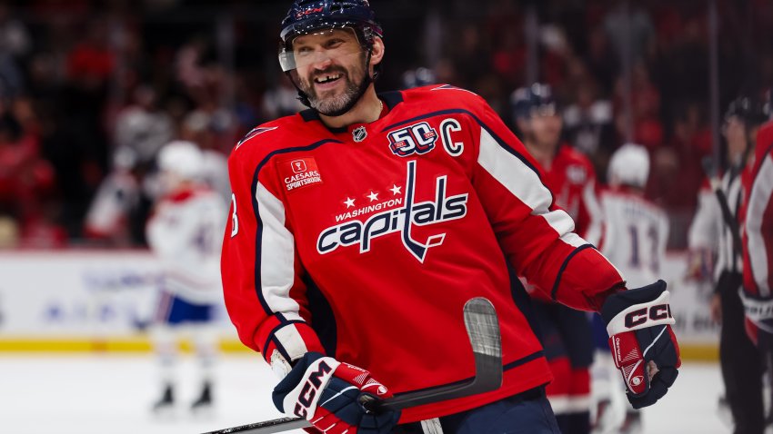 WASHINGTON, DC – OCTOBER 31: Alex Ovechkin #8 of the Washington Capitals reacts after scoring a goal against the Montreal Canadiens during the third period of the game at Capital One Arena on October 31, 2024 in Washington, DC. (Photo by Scott Taetsch/Getty Images)