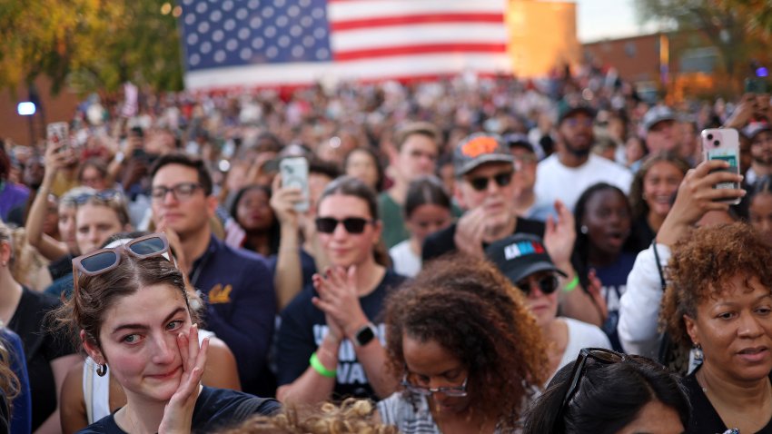 A supporter cries as US Vice President Democratic presidential candidate Kamala Harris delivers her concession speech at Howard University in Washington, DC, on November 6, 2024. Donald Trump won a sweeping victory on November 6, 2024 in the US presidential election, defeating Kamala Harris to complete an astonishing political comeback that sent shock waves around the world. (Photo by CHARLY TRIBALLEAU / AFP) (Photo by CHARLY TRIBALLEAU/AFP via Getty Images)