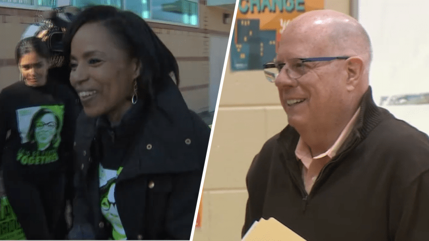 Angela Alsobrooks and Larry Hogan vote on Election Day 2024.