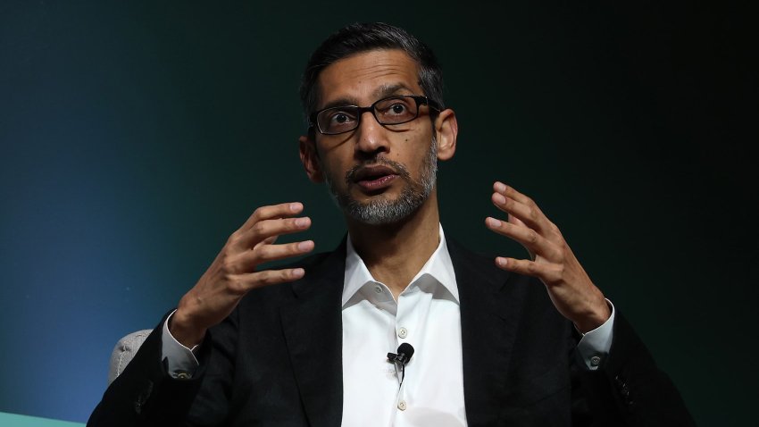 Sundar Pichai, CEO of Alphabet Inc., during Stanford’s 2024 Business, Government, and Society forum in Stanford, California, April 3, 2024.