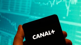 In this photo illustration, the French premium television channel, studio and distributor, Canal+ (plus) logo is seen displayed on a smartphone.