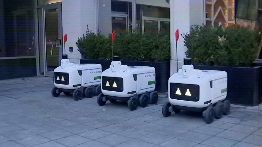 A line of food delivery robots.