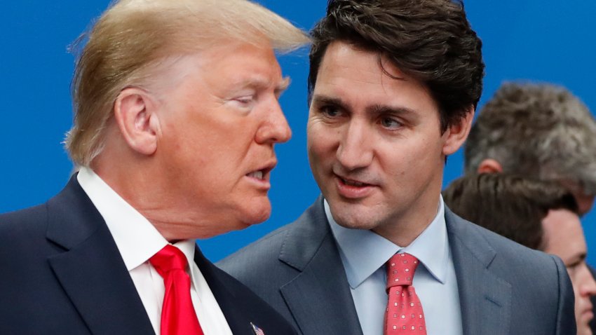 FILE – U.S. President Donald Trump, left, and Canadian Prime Minister Justin Trudeau talk prior to a NATO round table meeting at The Grove hotel and resort in Watford, Hertfordshire, England, Dec. 4, 2019.