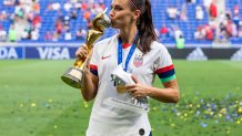 STADE DE LYON, LYON, FRANCE - 2019/07/07: Alex Morgan of the USA women's national team celebrating with trophy and the second best scorer in the tournament award after the 2019 FIFA Women's World Cup Final match between The United States of America and The Netherlands at Stade de Lyon.
(Final score; USA - Netherlands 2:0). (Photo by Mikoaj Barbanell/SOPA Images/LightRocket via Getty Images)