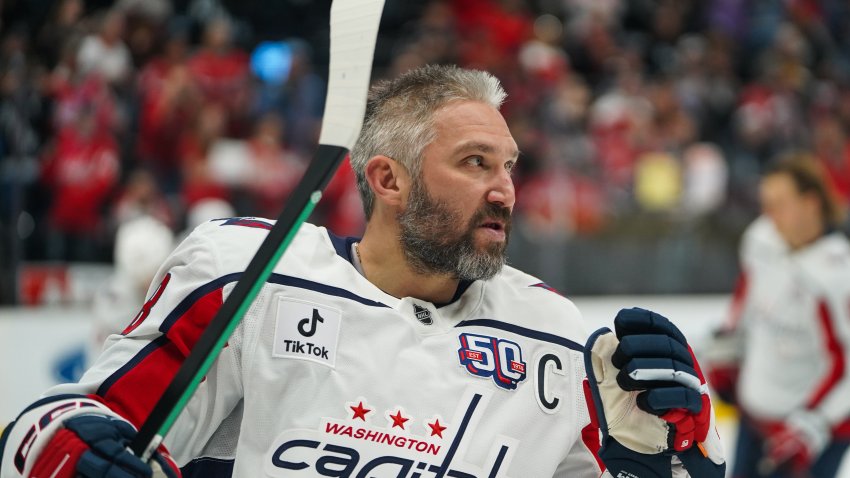 Washington Capitals Left Wing Alex Ovechkin (8) warms up before an NHL game between the Washington Capitals and the Utah Hockey Club on November 18, 2024 at the Delta Center in Salt Lake City, UT.(Photo by Aaron Baker/Icon Sportswire via Getty Images)