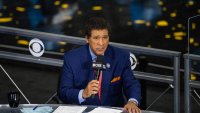 Apr 5, 2021; Indianapolis, IN, USA; CBS announcer Greg Gumbel prior to the national championship game in the Final Four of the 2021 NCAA Tournament between the Gonzaga Bulldogs and the Baylor Bears at Lucas Oil Stadium. Mandatory Credit: Kyle Terada-USA TODAY Sports