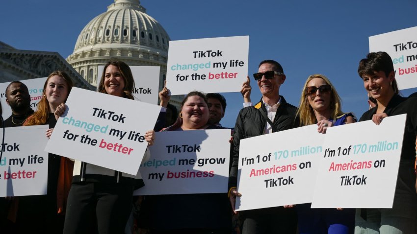 Tik Tok creators gather before a press conference to voice their opposition to the “Protecting Americans from Foreign Adversary Controlled Applications Act,” pending crackdown legislation on TikTok in the House of Representatives, on Capitol Hill in Washington, U.S., March 12, 2024.