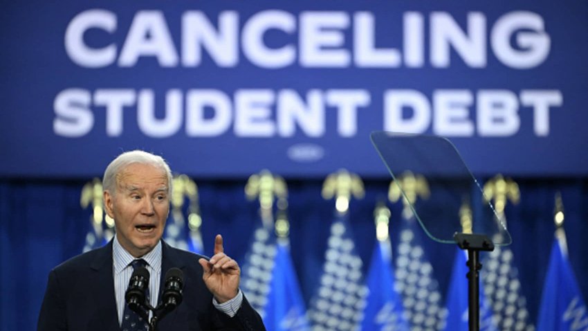 US President Joe Biden speaks about student loan debt relief at Madison Area Technical College in Madison, Wisconsin, April 8, 2024.