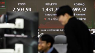 A screen displays the Kospi index and the exchange rate between the South Korean won and US dollar inside a trading room at Hana Bank in Seoul, South Korea, on Monday, Dec. 16, 2024. 