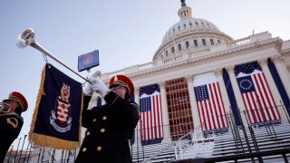 A member of the U.S. Army Herald Trumpets participates in a rehearsal for inauguration on the West Front of the U.S. Capitol on January 12, 2025 in Washington, DC. 