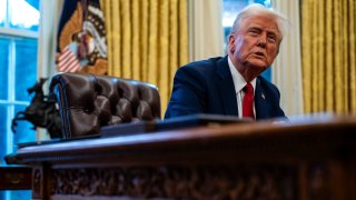 President Donald Trump speaks to members of the press in the Oval Office of the White House on Jan. 30, 2025.