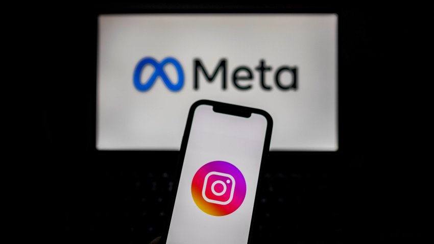 Meta and Instagram logos are seen on screens