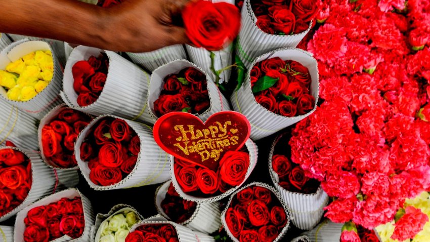 An arrangement of flowers for Valentine's Day.