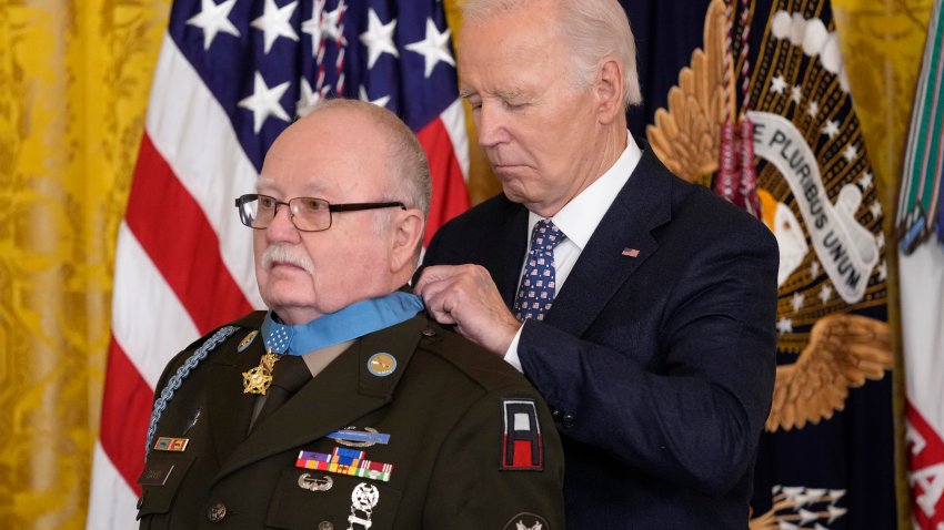 President Joe Biden presents the Medal of Honor, the nation’s highest military decoration, to then-Private First Class Kenneth J. David, during a ceremony in the East Room of the White House in Washington, Friday, Jan. 3, 2025.