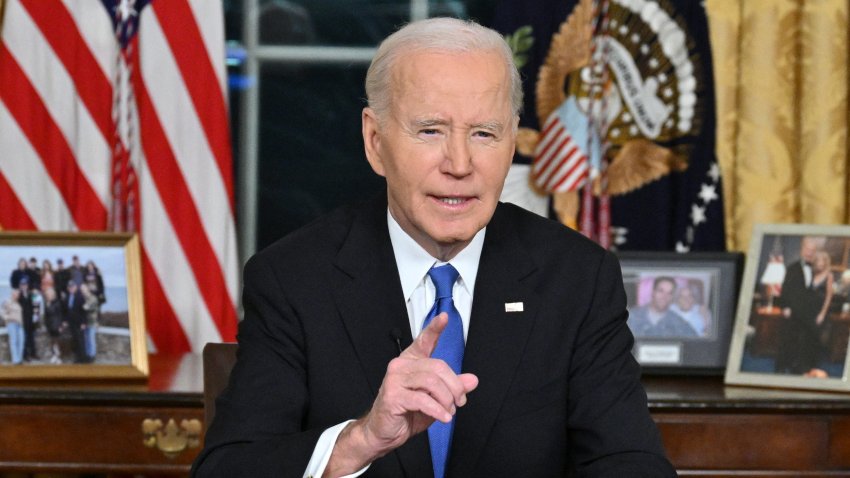 President Joe Biden delivers his farewell address to the nation from the Oval Office of the White House