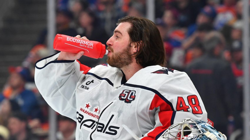 Logan Thompson #48 of the Washington Capitals takes a drink of water during a stoppage in play during the game against the Edmonton Oilers at Rogers Place on January 21, 2025, in Edmonton, Alberta, Canada. (Photo by Andy Devlin/NHLI via Getty Images)