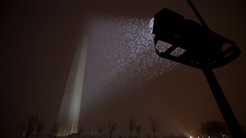 The Washington Monument during the snowstorm of February, 2010. (Photo by Patrick Bennett/Corbis via Getty Images)