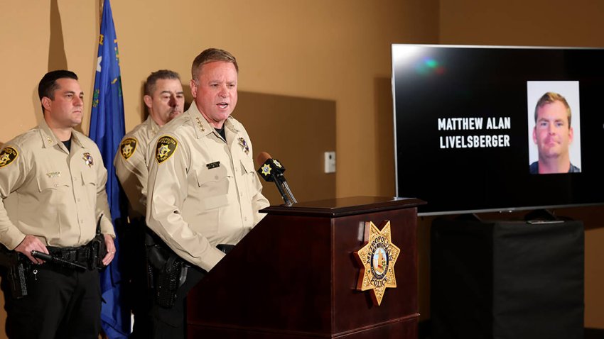 A photo of Matthew Alan Livelsberger is shown as Sheriff Kevin McMahill talks to the news media at Metropolitan Police Department headquarters in Las Vegas on Thursday, Jan. 2, 2025, regarding the Tesla Cybertruck that exploded at the Trump International Hotel.