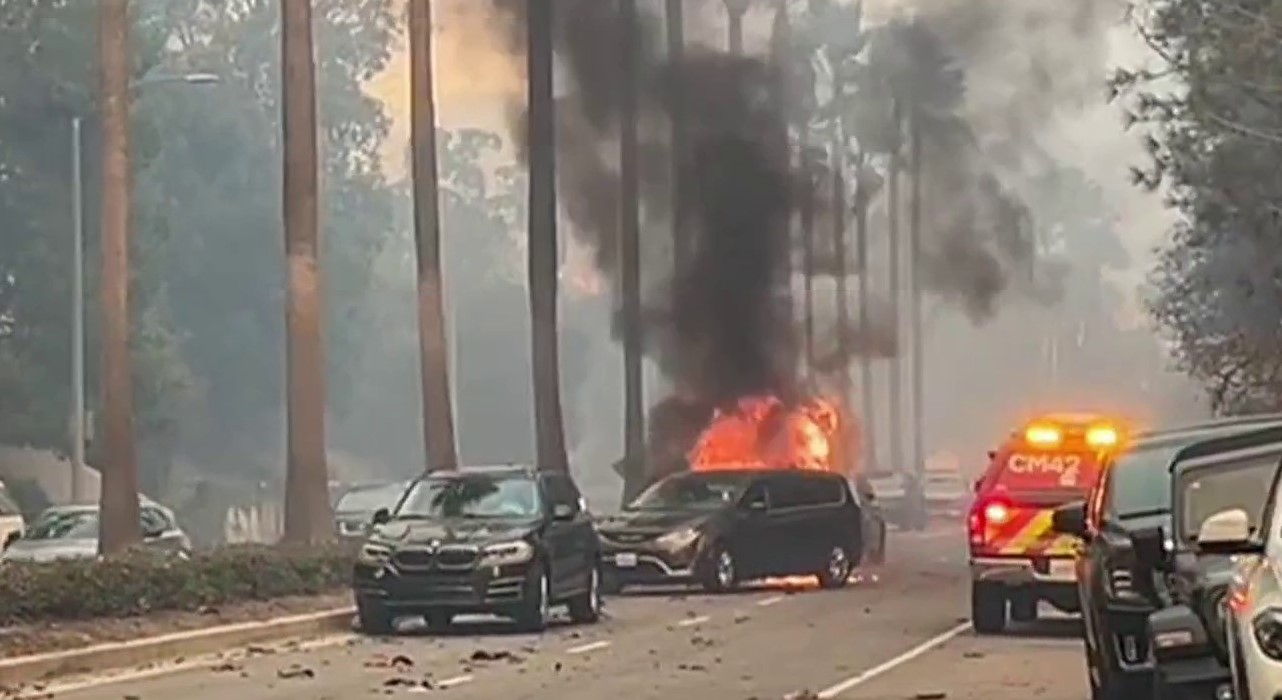 A car burns during the Pacific Palisades fire on Jan. 7, 2025.