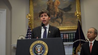 OpenAI CEO Sam Altman speaks next to SoftBank CEO Masayoshi Son after U.S. President Donald Trump delivered remarks on AI infrastructure at the Roosevelt Room in the White House in Washington on Jan. 21, 2025.