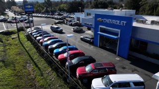In an aerial view, Chevrolet cars and trucks are on display at Novato Chevrolet on Jan. 28, 2025 in Novato, California.