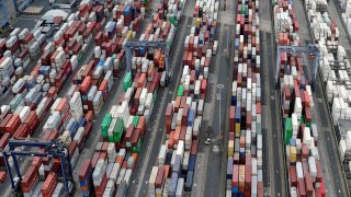 An aerial view shows stored containers at the Balboa Port, operated by Panama Ports Company, as U.S. President Donald Trump plans to regain control of the Canal, in Panama City, Panama, February 1, 2025.