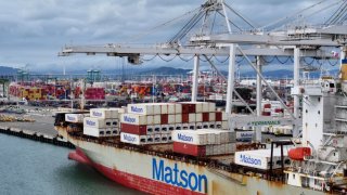 A container ship is docked at the Port of Oakland on Feb. 3, 2025 in Oakland, California. 