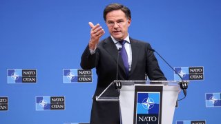 NATO Secretary General Mark Rutte gestures holds a press conference during a NATO Defence Ministers meeting at the Alliance’s headquarters in Brussels, Belgium, on Feb. 13, 2025.