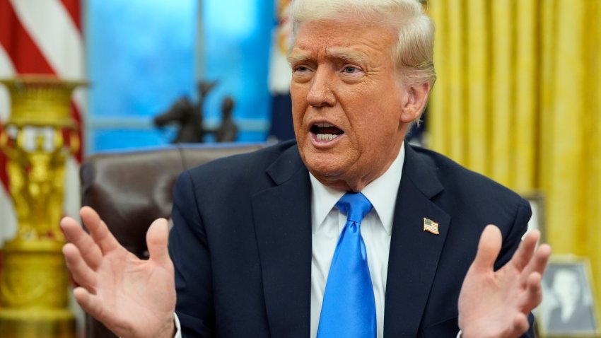 President Donald Trump speaks with reporters in the Oval Office at the White House, Tuesday, Feb. 11, 2025, in Washington.