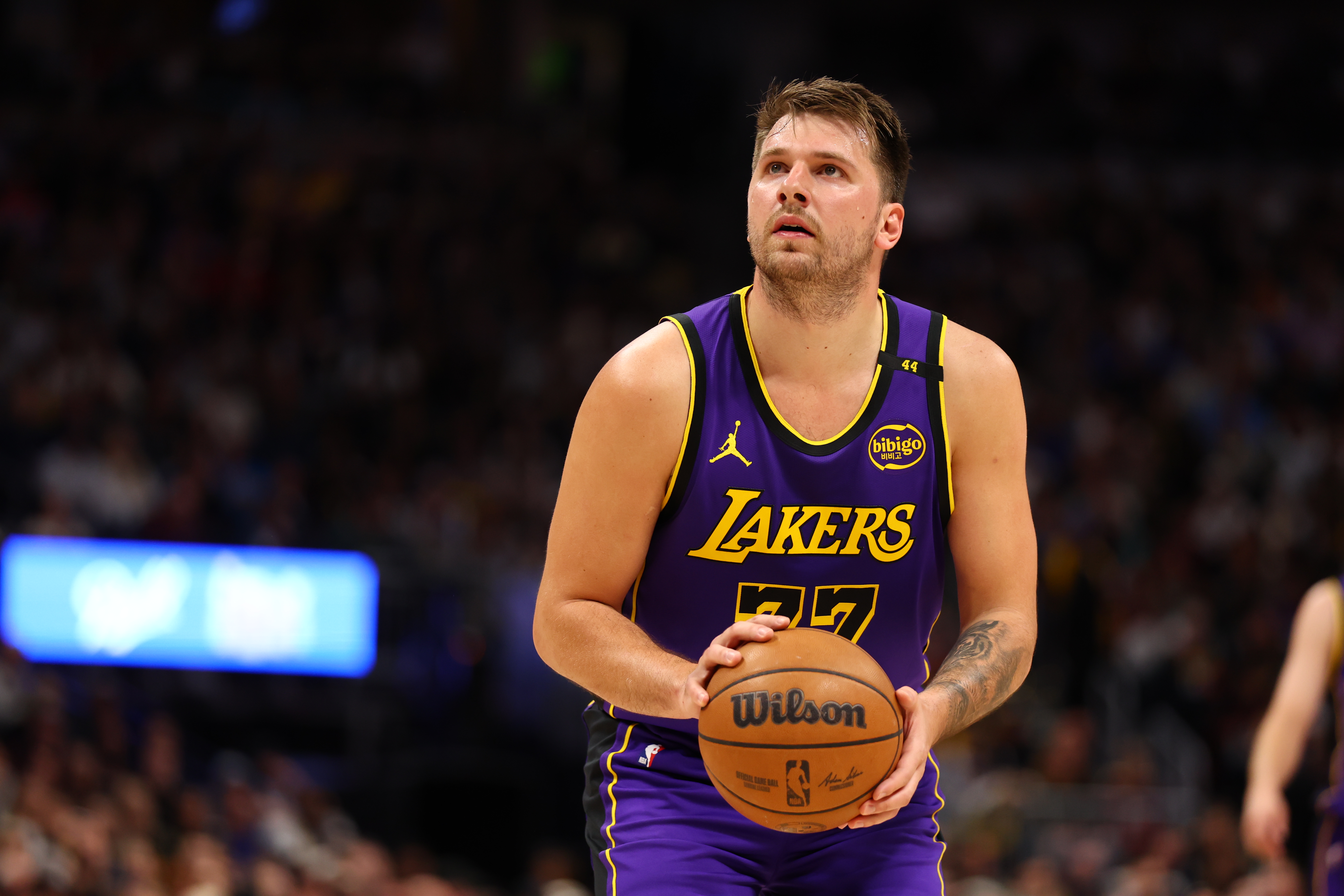 DENVER, CO – FEBRUARY 22: Luka Doncic #77 of the Los Angeles Lakers free throw during the game against the Denver Nuggets on February 22, 2025 at Ball Arena in Denver, Colorado.
