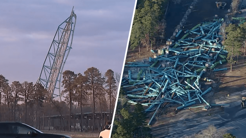 Kingda Ka falling down and the rubble left on the ground.