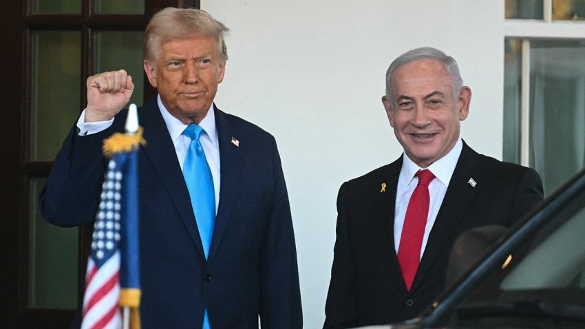 Donald Trump greets Israel's Prime Minister Benjamin Netanyahu as he arrives at the North Portico of the White House in Washington, Feb. 4, 2025.