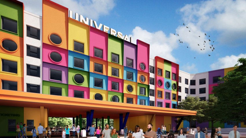 An artist’s rendering of the facade of the Universal Kids Resort in Frisco, Texas.