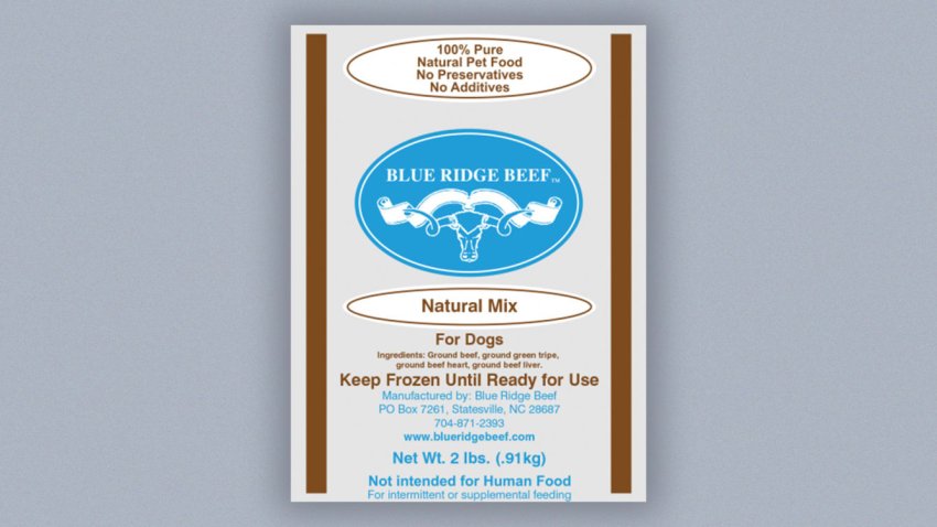 The product label for Blue Ridge Beef’s Natural Mix, a pet food that has been recalled due to contamination with salmonella.