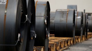 Steel coils are pictured in the yards of the steelmaker Ternium plant.