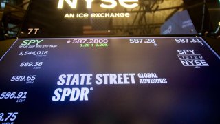 State Street Global Advisors SPDR S&P 500 ETF Trust (SPY) signage on the floor of the New York Stock Exchange (NYSE) in New York, US, on Thursday, Jan. 2, 2025.