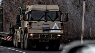 Rheinmetall MAN Military Vehicle drives on the road on Nov. 20, 2024, in Donetsk Oblast, Ukraine.