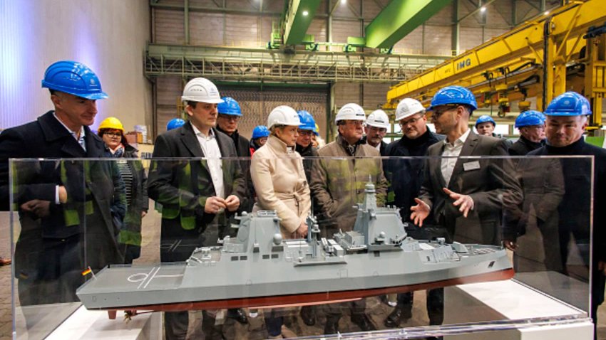 Thyssenkrupp marine systems CEO Oliver Burkhard (4h R), German Defence Minister Boris Pistorius (6th R) and Mecklenburg-Western Pomerania’s State Premier Manuela Schwesig (8th R) during their visit of a shipyard of Thyssenkrupp Marine Systems that will build military submarines on Jan. 17, 2025 in Wismar, Germany.