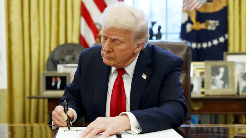 U.S. President Donald Trump speaks to the media in the Oval Office at the White House in Washington, D.C., U.S., March 26, 2025.