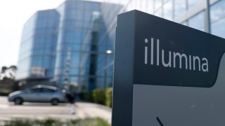 A sign for the biotechnology company Illumina is seen outside their offices on March 11, 2025 in Foster City, California.