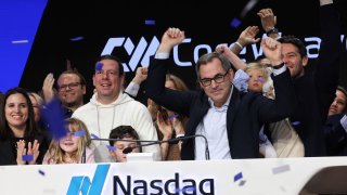 Michael Intrator, Founder & CEO of CoreWeave, Inc., Nvidia-backed cloud services provider, gestures during the company’s IPO at the Nasdaq Market, in New York City, U.S., March 28, 2025.