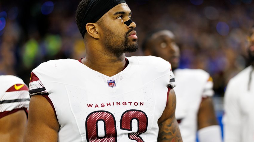 DETROIT, MICHIGAN – JANUARY 18: Defensive tackle Jonathan Allen #93 of the Washington Commanders stands on the sidelines during the national anthem prior to the NFC Divisional Playoff game against the Detroit Lions, at Ford Field on January 18, 2025 in Detroit, Michigan. (Photo by Brooke Sutton/Getty Images)