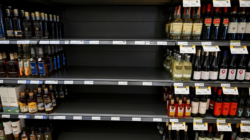 Empty space on shelves where American-made liquor had been at the Societe Des Alcools Du Quebec (SAQ) store in Montreal, Quebec.