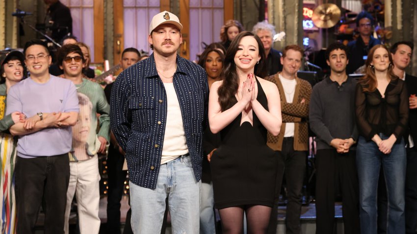 Musical guest Morgan Wallen and host Mikey Madison