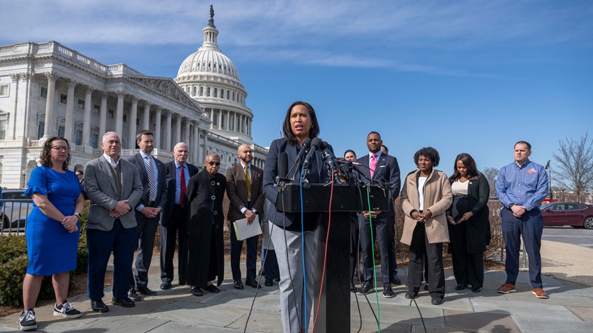 Flanked by members of the city council and other city leaders, DC Mayor Muriel Bowser speaks at a press conference on Capitol Hill Washington, DC on March 10, 2025. (Photo by Craig Hudson for The Washington Post via Getty Images)